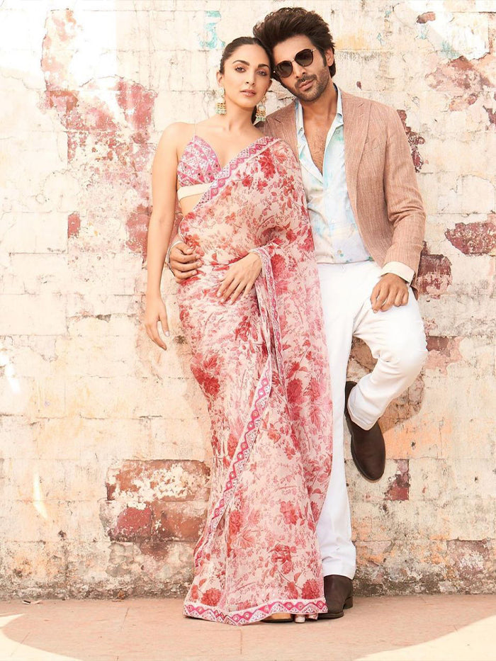 kiara advani in baby pink soft georgette saree with digital printed Blouse