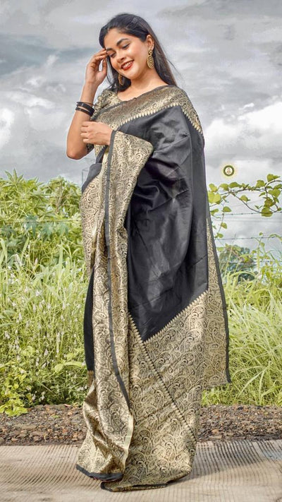 Black Banarasi Silk With Jacquard Work Saree With Attractive Blouse Piece