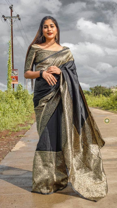 Black Banarasi Silk With Jacquard Work Saree With Attractive Blouse Piece