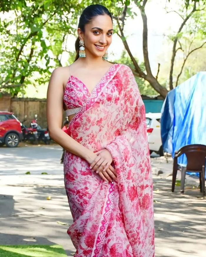 kiara advani in baby pink soft georgette saree with digital printed Blouse